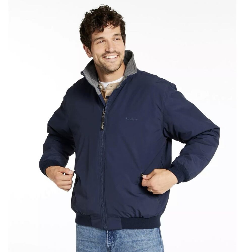LL Bean Men's XL Warm Up Jacket Fleece Lined Navy Bomber Coat Mock Neck